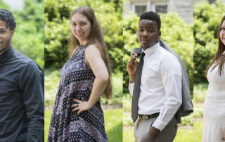Celebrating our graduates. Four students stand and look at the camera. Promotional photo for summer Home's Grown Kids newsletter.