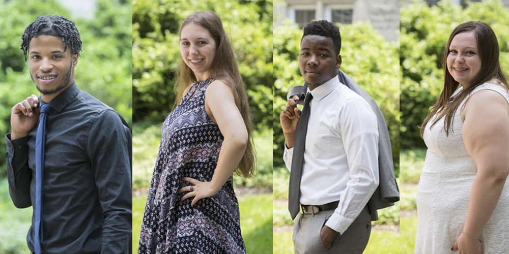 Celebrating our graduates. Four students stand and look at the camera. Promotional photo for summer Home's Grown Kids newsletter.
